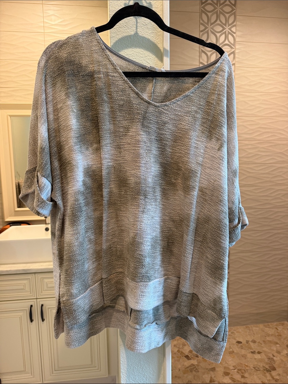 Relaxed V-Neck Tunic Top in Olive Green and Grey
